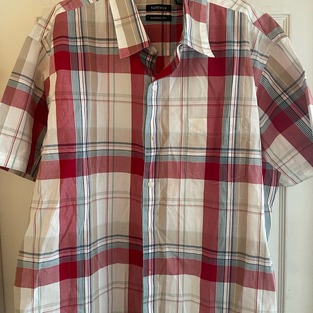 Van Heusen Men's Red and White Plaid Shirt